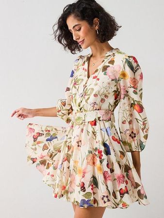 Forever New Kleid Ramie UK12 Gr. 40 Früchte Blumen Gürtel