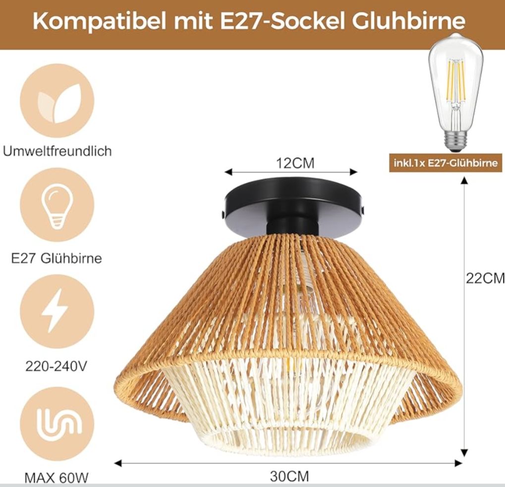 Kronleuchter & Deckenlampen: Rattan Deckenleuchte  Ø30cm, E27 inkl. Leuchtmittel – Neu und originalverpackt aus Winterthur von SwissPrime 3