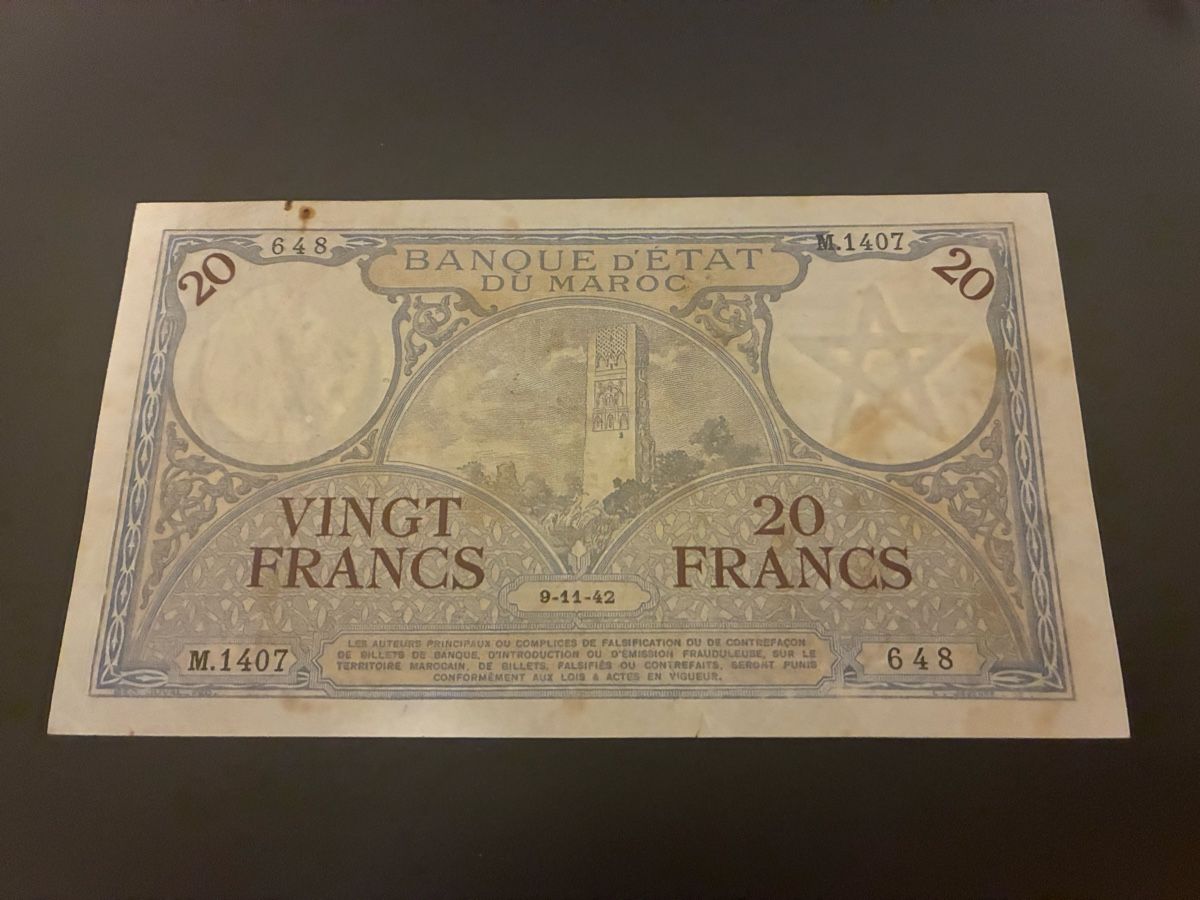 Banknoten: 20 Francs MOROCCO 1942 P.18b – Gebraucht aus Dällikon von Woldbanknoten 1