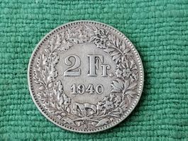 2 Franken Muenze 1940 Schweiz Silber guter Zustand