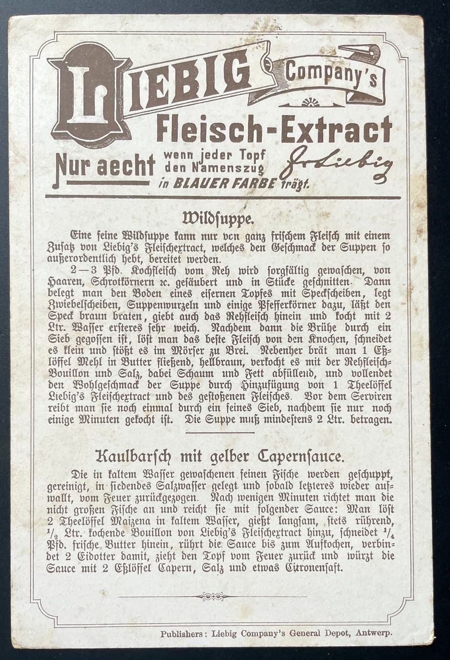 Arts picturaux & lithographies: Liebig Fleisch-Extract - Litho-Menükarte um 1900 – D'occasion à Savagnier par Ne2065 1