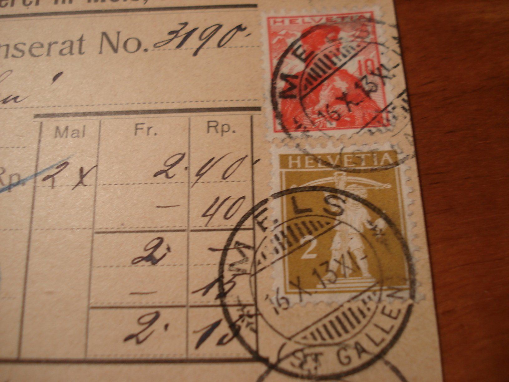 NN-Karte 1913, o Mels, Mischfrankatur, 