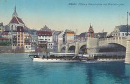 CH 144 Basel, Mittlere Rheinbrücke mit Rheindampfer,l ≈ 1910