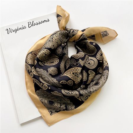 New 68cm Pure Silk Paisley Boho Print Black and Light Yellow