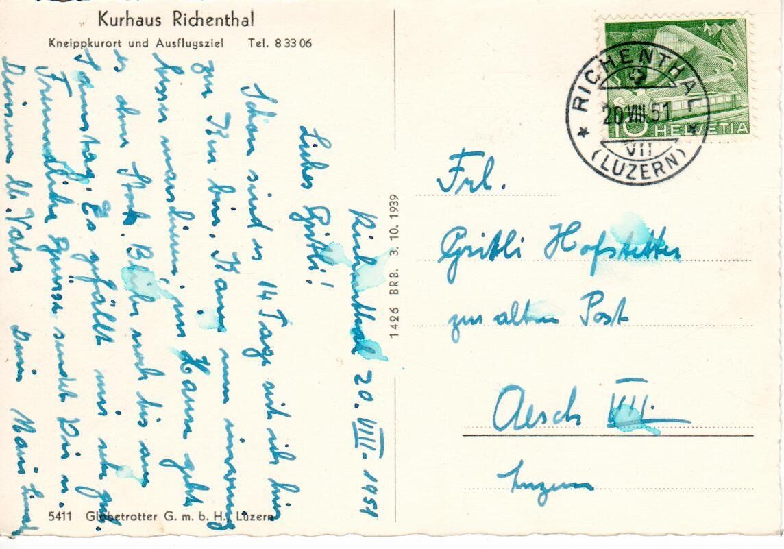 Cartes postales: Kneippkurort Richenthal  1951 – D'occasion à Wolhusen par Curver9 1