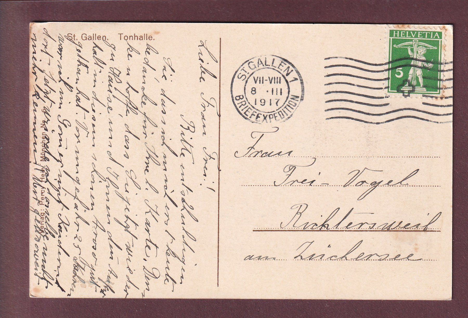 Cartoline postali: ST. GALLEN - Tonhalle - 1917 – Usato da Pully venduto da nicecards 1