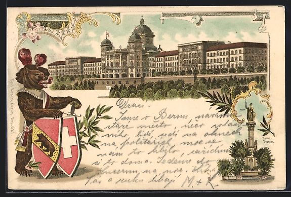 Cartoline postali: Litho Bern, Ortsansicht mit Berna-Brunne – Usato da Berlin venduto da bartko-reher