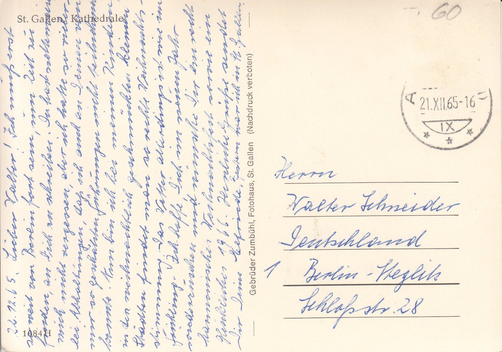 Cartoline postali: St. Gallen Kathedrale 1965 – Usato da Bürglen TG venduto da StampGraf 1