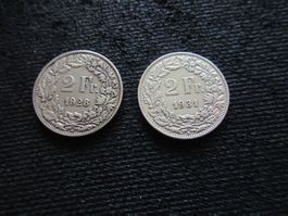 2 Schweizer SILBER Zweifränkler von 1928, 1931