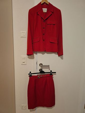 Tailleur Jupe Veste Rouge Ceinture Vintage