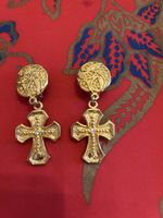 Gold-tone cross dangle earrings, clip-on, with stone accent