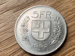 5 Franken Münze 1992 Schweiz vertiefte Randschrift