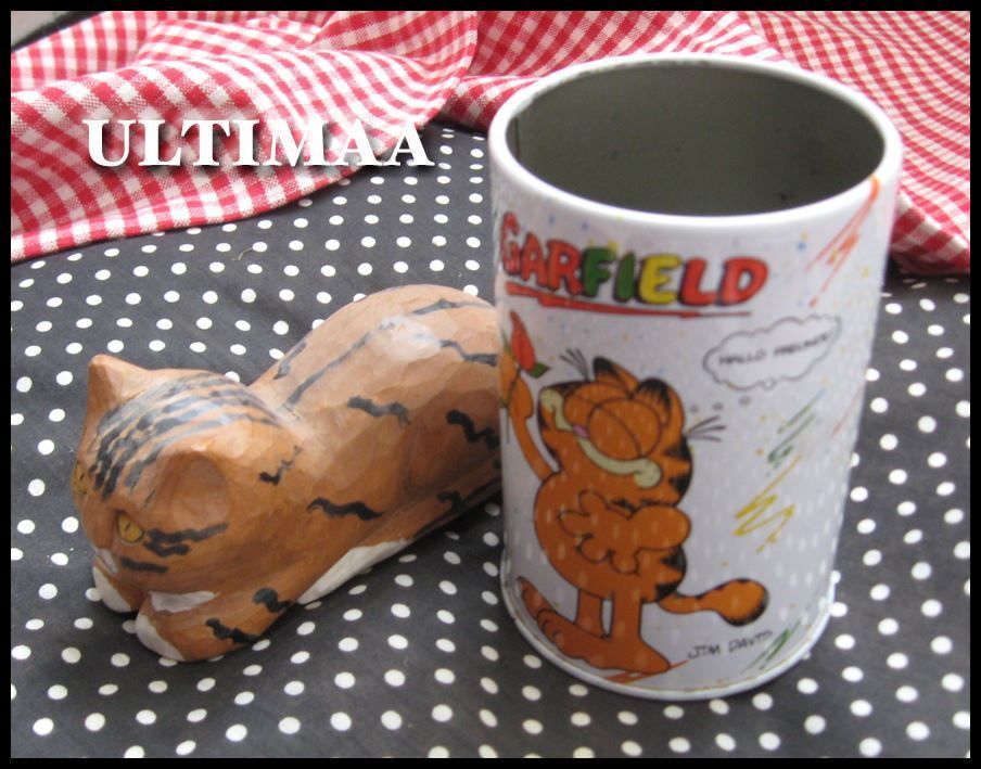 Figuren: Garfield aus Holz geschnitzt & BlechDose – Gebraucht aus Bern von Ultimaa