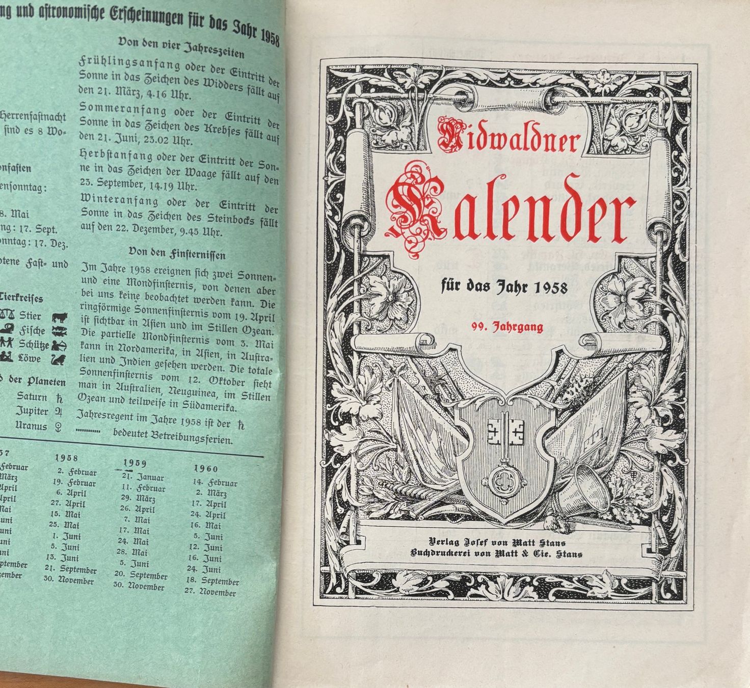 Libri: Nidwaldner Kalender 1958 – Usato da Sarnen venduto da Livres 1
