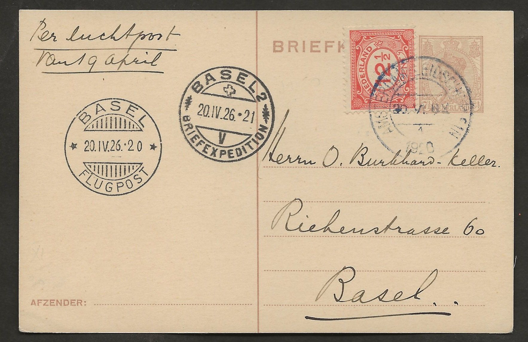 Tutti i francobolli: Flugpost Schweiz 1926 Amsterdam Basel Luftpost Erstflug – Usato da Au ZH venduto da xelagreb01
