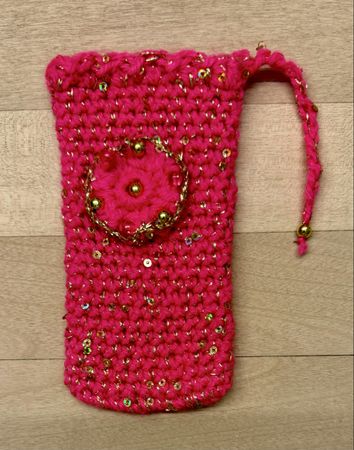 Handytasche gehäkelt, Pink mit Pailletten Top Zustand 👍