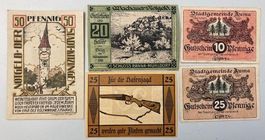 5 Antike Notgeldscheine, Deutschland, 1920er Jahre, Rarität!