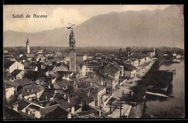 AK Ascona, Ortsansicht mit Seepromenade und Kirchtürmen
