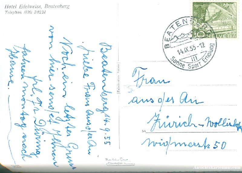 Cartoline postali: Beatenberg - Hotel Edelweiss + 1955 – Usato da Emmenbrücke venduto da teestube 1