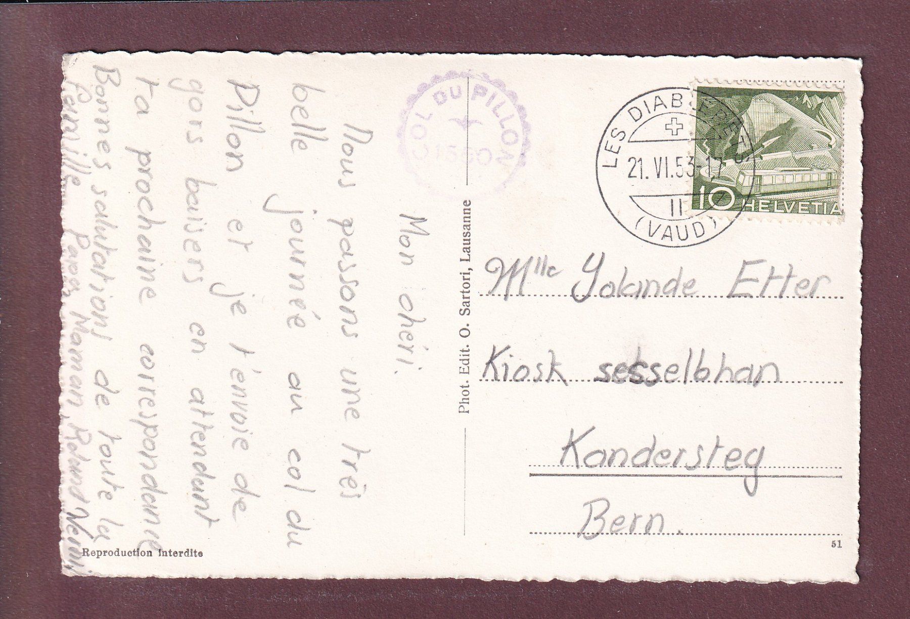 Ansichtskarten: COL DU PILLON - Scex Rouge - 1953 – Gebraucht aus Pully von nicecards 1