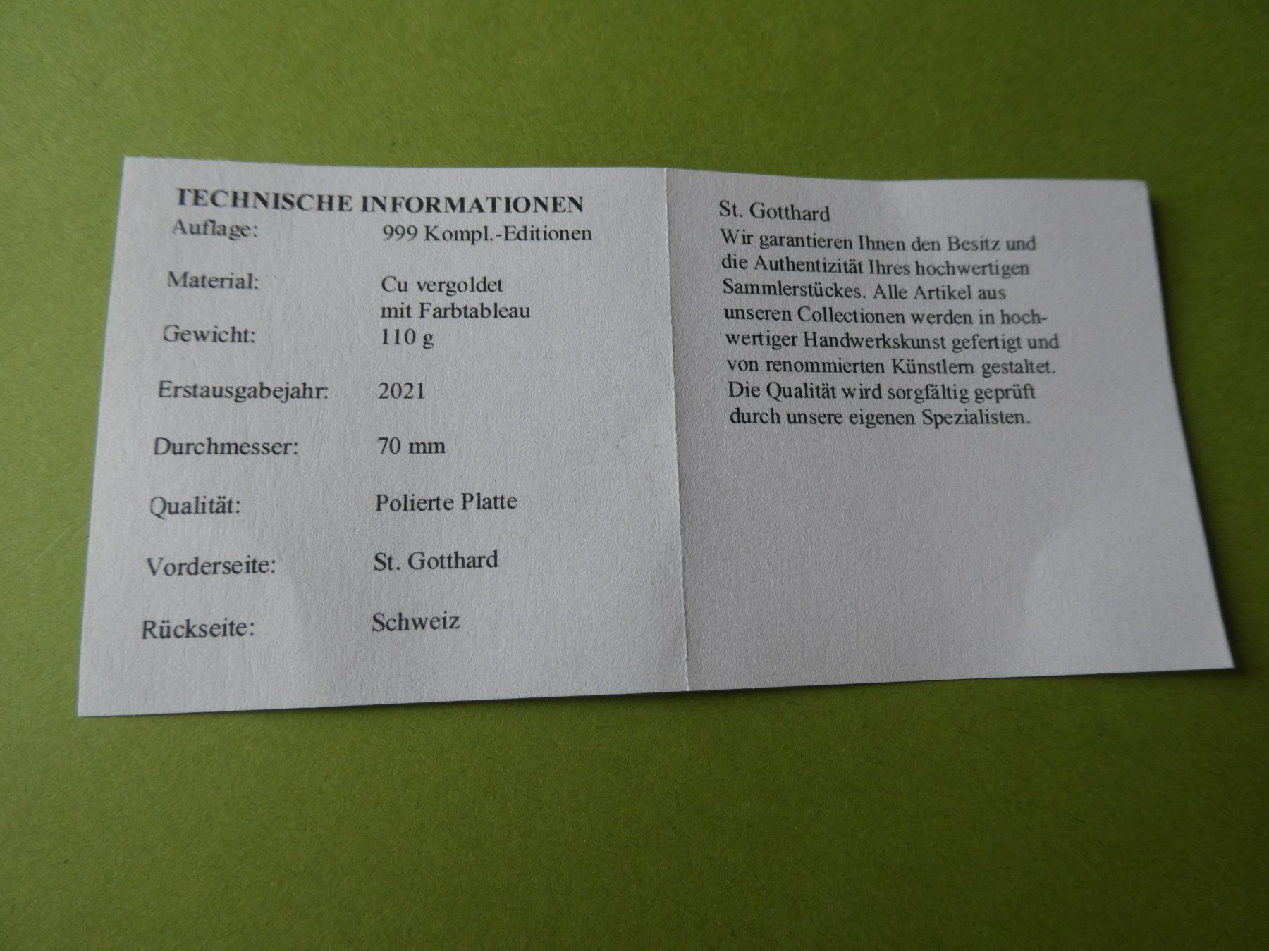 Medaillen: vergoldete Medaille 70 mm PP, St. Gotthard – Neu (gemäss Beschreibung) aus Hinterforst von Rohusri 3