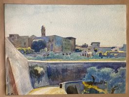 Aquarelle signée, vue urbaine, cadre doré, occasion