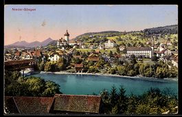 AK Nieder-Gösgen, Ortsansicht an Fluss mit Brücke und Turm