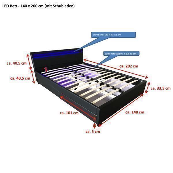 Betten: 9184 - LED Bett 140x200 + Lattenrost - DARKGRAU – Neu und originalverpackt aus Wallenwil von toesstal-vertrieb 2