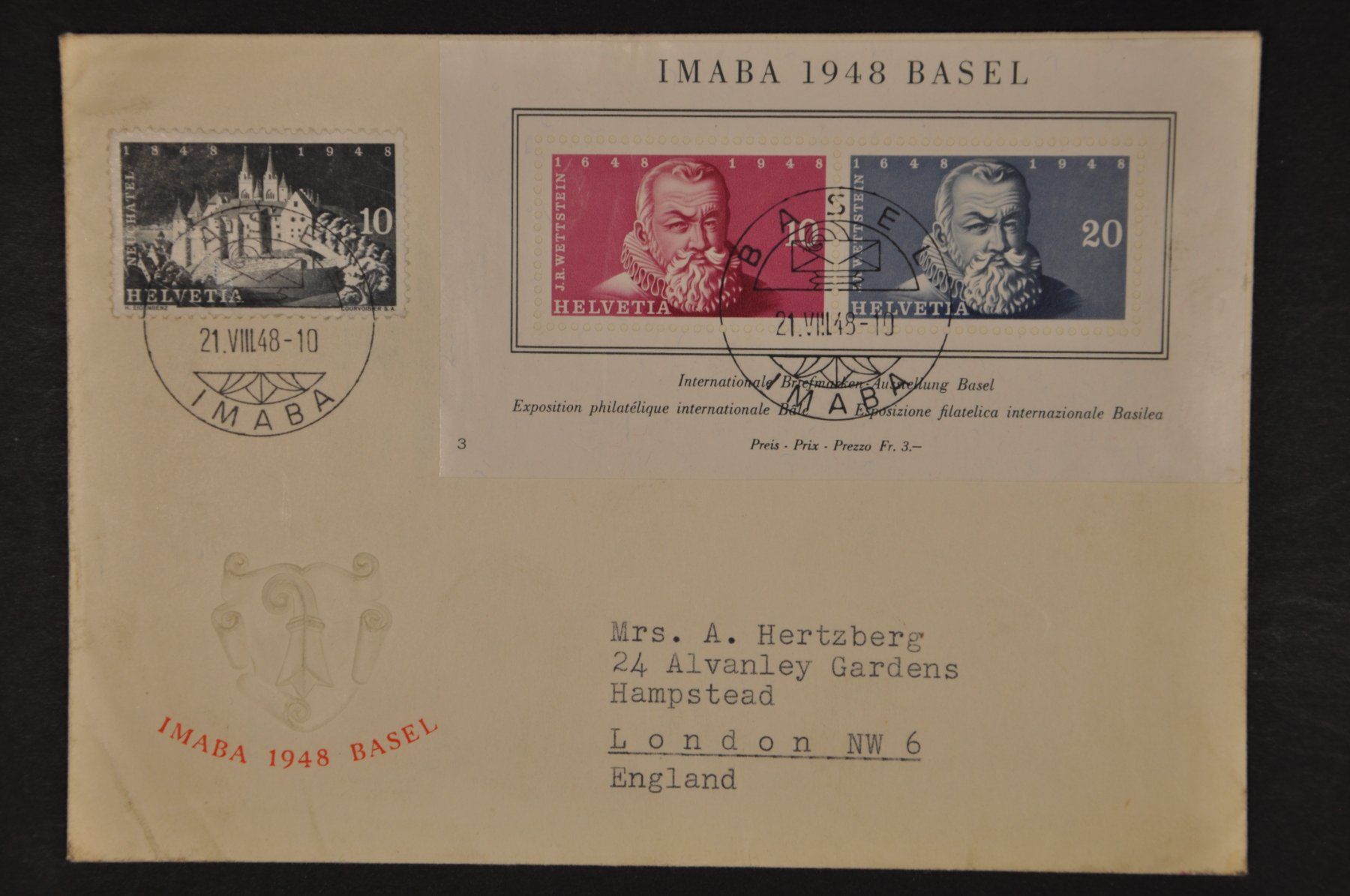 Tutti i francobolli: 1948 IMABA Basel FDC nach London – Usato da Wolfhalden venduto da Zinauktion