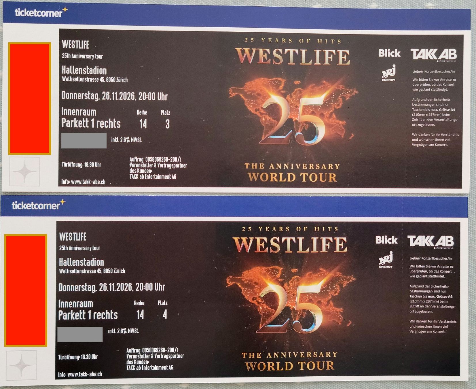 Tickets: Westlife - 2x Sitzplätze Goldencircle, Priority Ticket – Neu (gemäss Beschreibung) aus Frauenfeld von venditore88