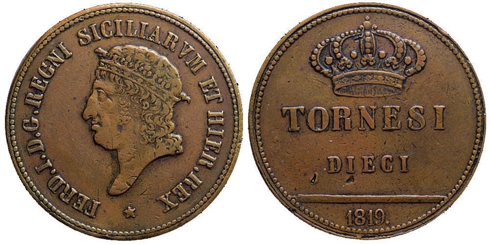 Alle Münzen: Italien, Napoli, 10 Tornesi 1819 – Gebraucht aus Chiasso von Novamarketing