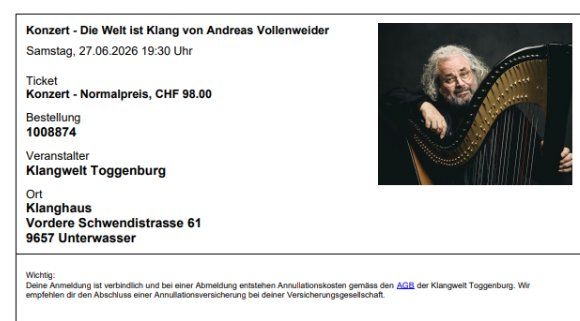 Biglietti: Zwei Konzerttickets Andreas Vollenweider 27. Juni 2026 – Nuovo (secondo la descrizione) da Homburg venduto da leuearly