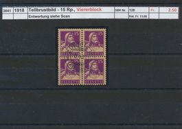 1918 "Tellbrustbild - 15 Rp.", Viererblock gestempelt