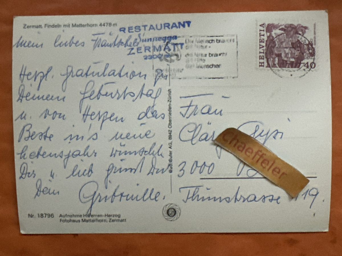 Ansichtskarten: 1982  Zermatt Findeln mit Matterhorn – Gebraucht aus Zürich von Chaeffeler 1