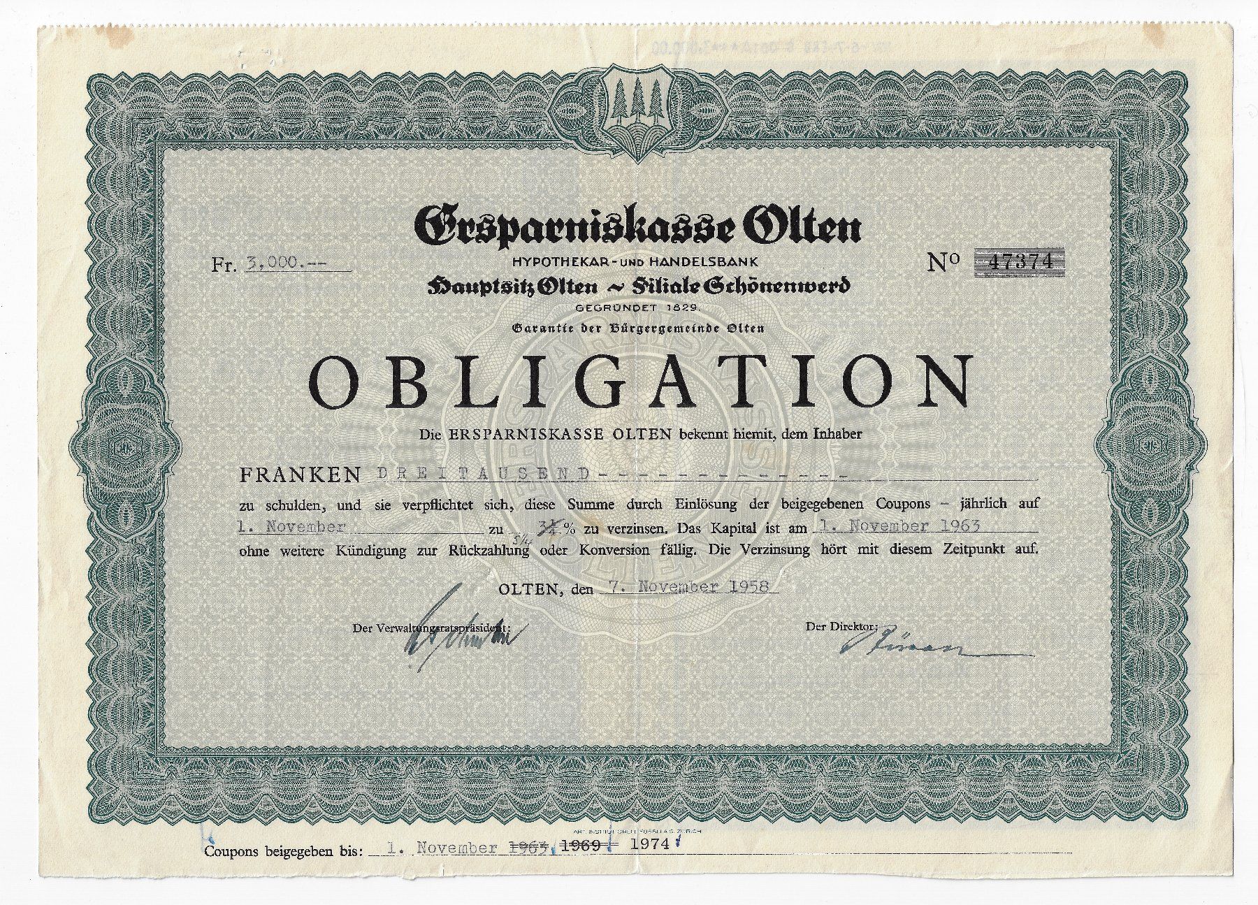 Documenti: Ersparniskasse Olten - Obligation – Usato da Balsthal venduto da Palcivalle