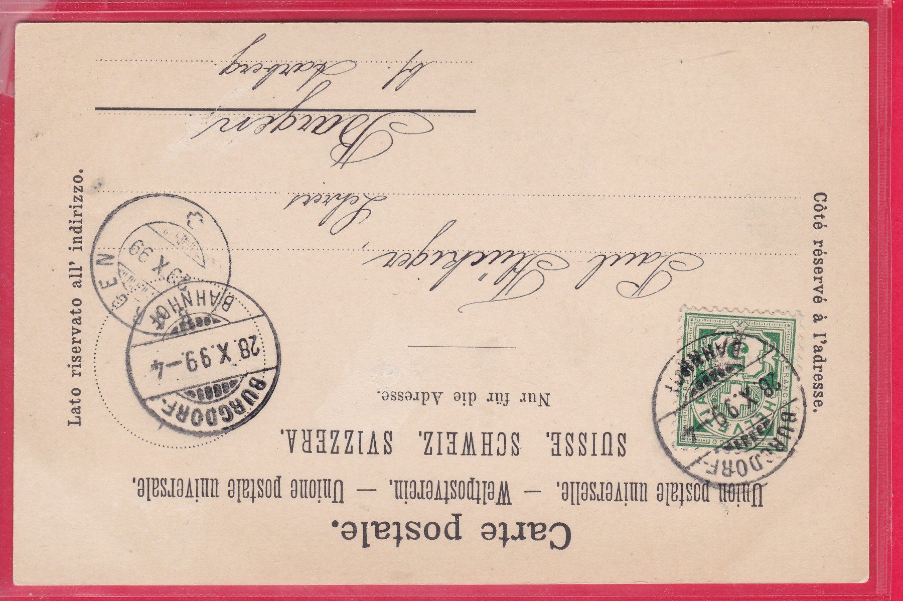 Cartes postales: GRUSS AUS BURGDORF, 28.10.1899 – D'occasion à Oberrieden par Gebirgsstelze 1