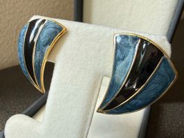 ✨Vintage-Ohrringe Emailliert blau und schwarz, Clips