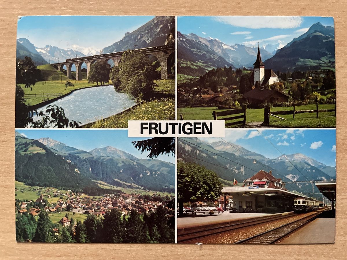 Cartoline postali: Frutigen Postkarte Bahnhof Kanderviadukt 1974, Bahn – Usato da Neuhausen am Rheinfall venduto da Arielle55