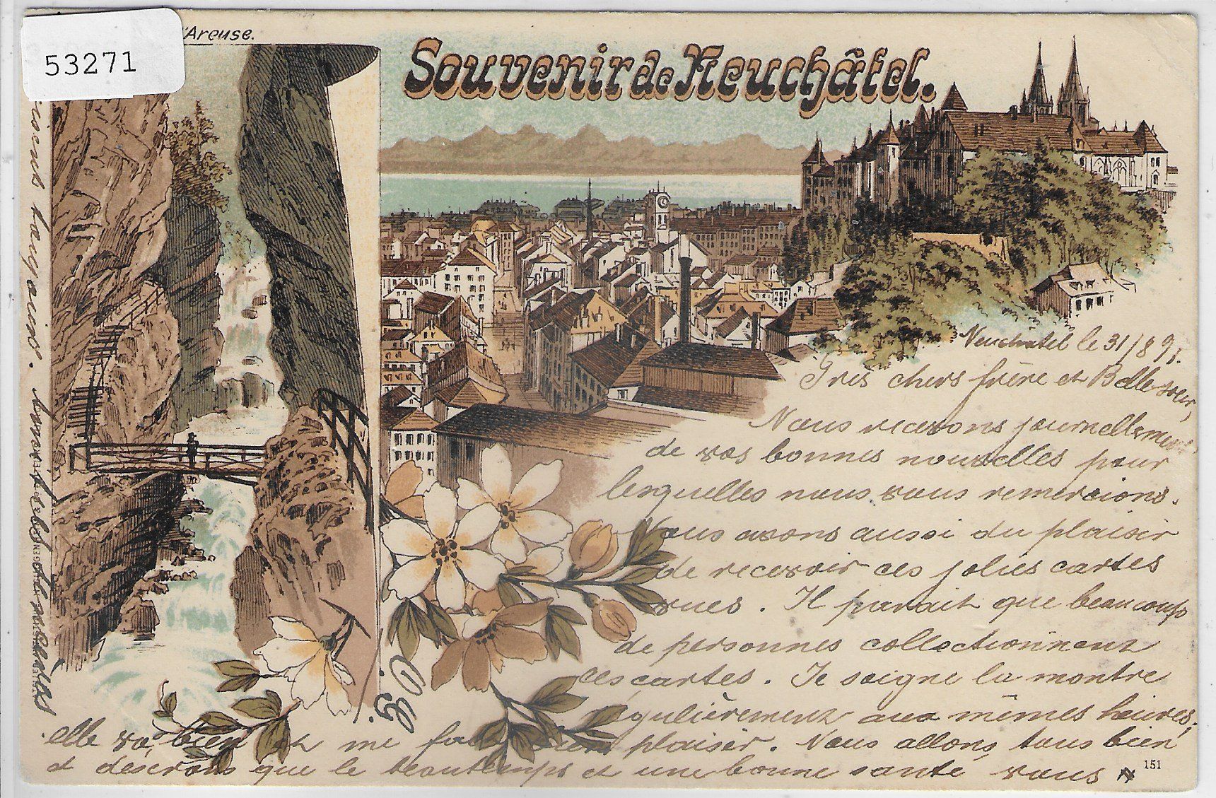 Cartoline postali: Souvenir de Neuchatel - Litho 1897!!! – Usato da Ettingen venduto da Kartenplanet