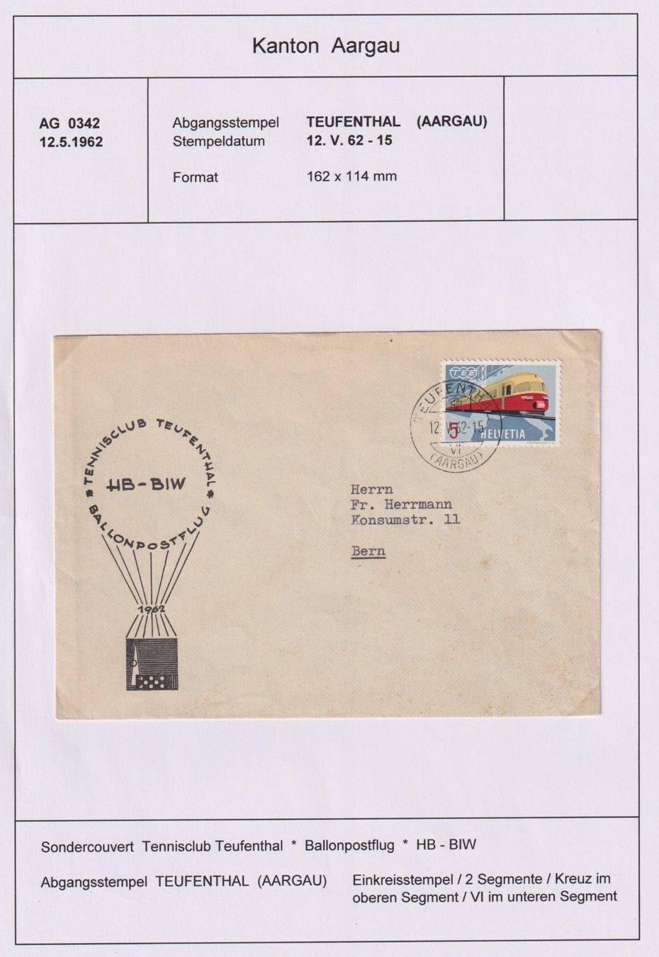 Alle Briefmarken: Ballonpostflug Teufenthal 1962 – Gebraucht aus Bellach von qsearch