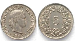 EIDGENOSSENSCHAFT 5 Rappen 1943 Ku-Ni ERHALTUNG! unz