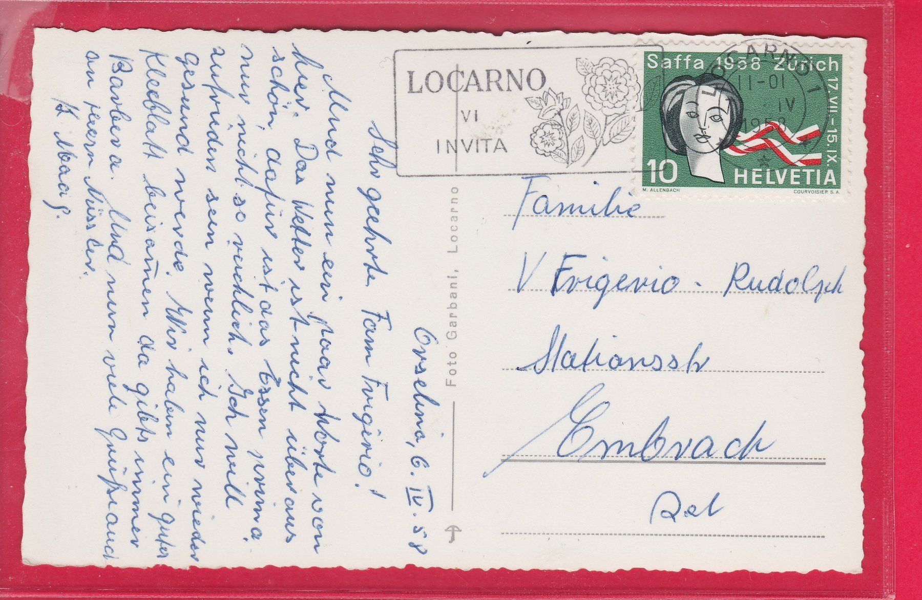 Cartoline postali: LOCARNO, ORSLINA, 7.4.1958 – Usato da Oberrieden venduto da Gebirgsstelze 1