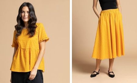 Piu & Piu Set KA Bluse u Jupe Rüsche Lochstickerei mango 42