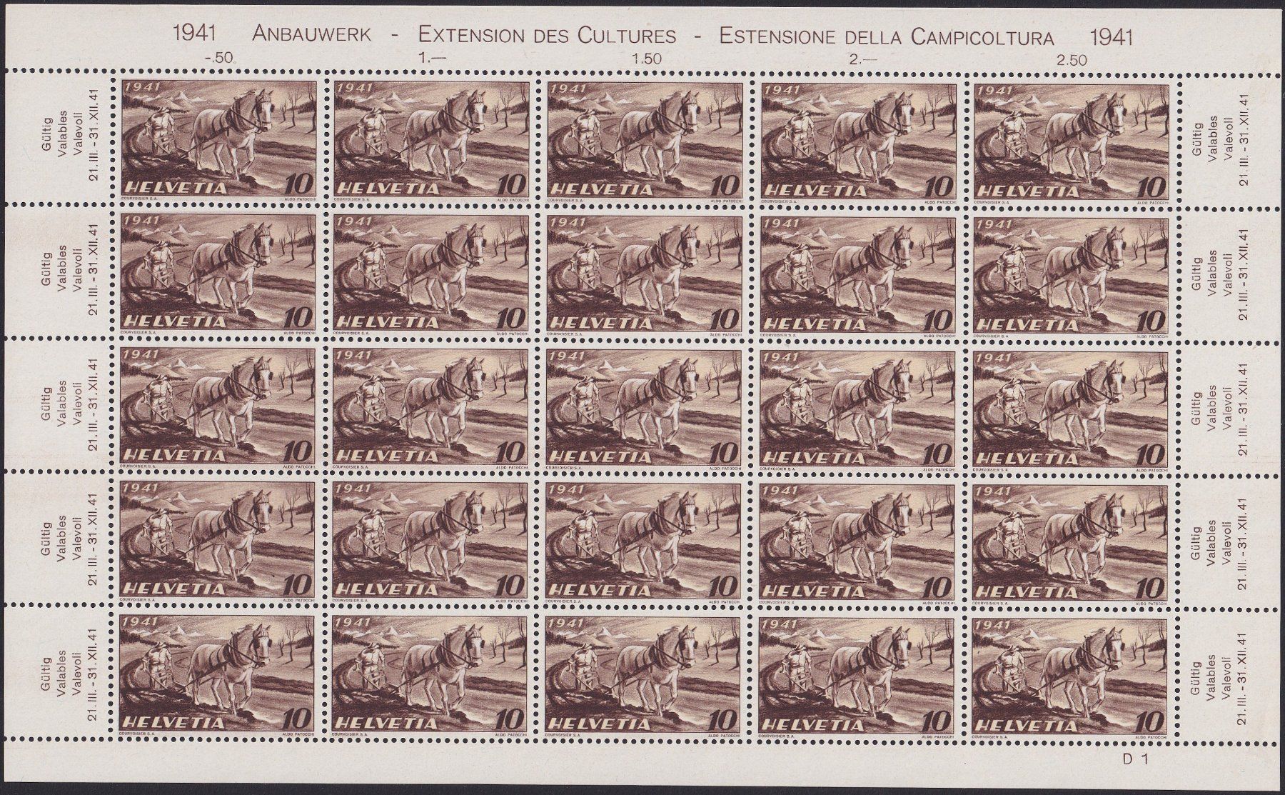Tutti i francobolli: 1942, Nr.252 Bogen mit Plattenfehler 2.02 postfrisch**. 30.- – Usato da Sursee venduto da Luzernerraute
