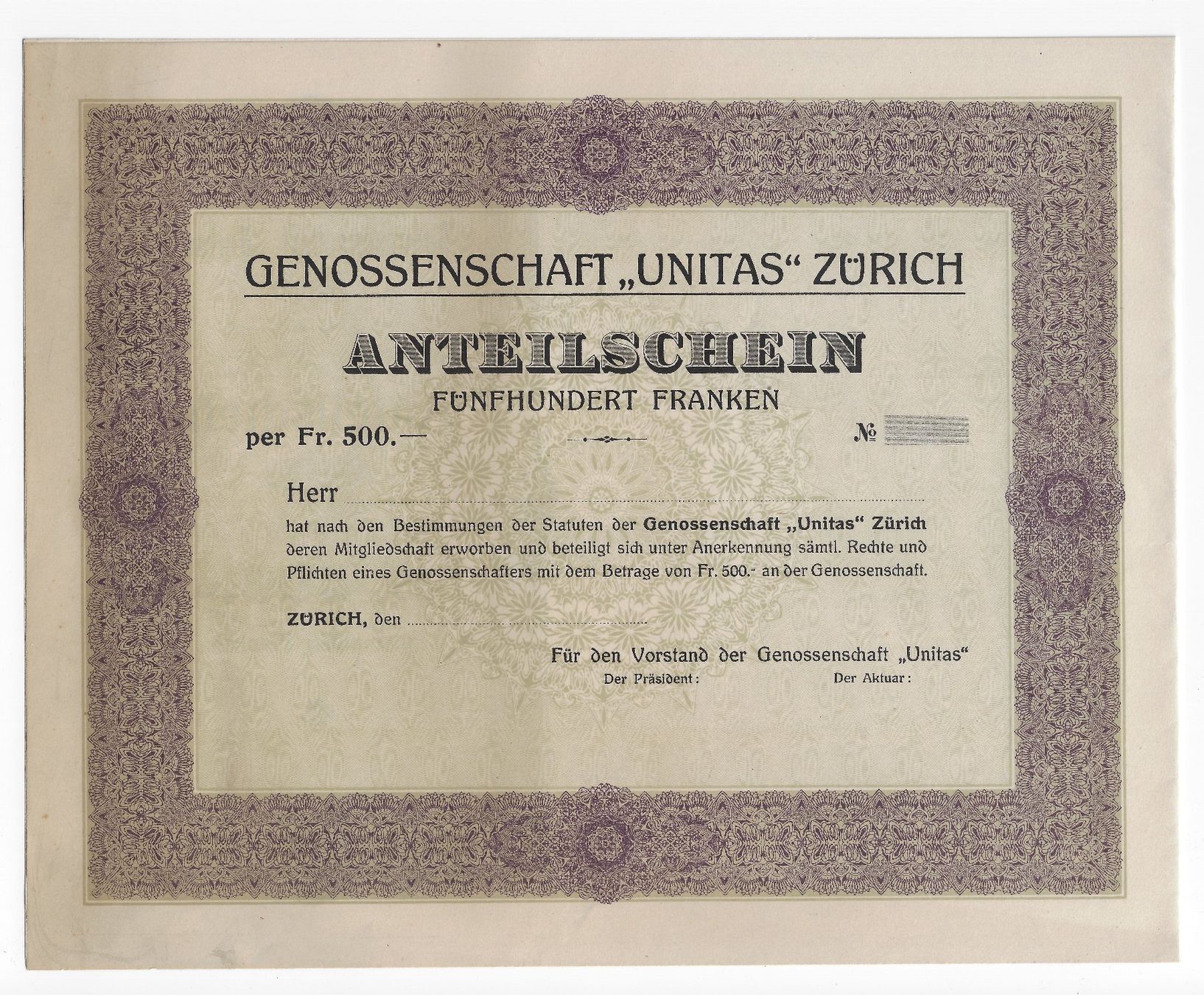 Documenti: Genossenschaft "UNITAS" Zürich - Anteilschein – Usato da Balsthal venduto da Palcivalle