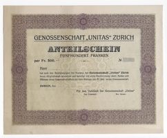 Genossenschaft "UNITAS" Zürich - Anteilschein
