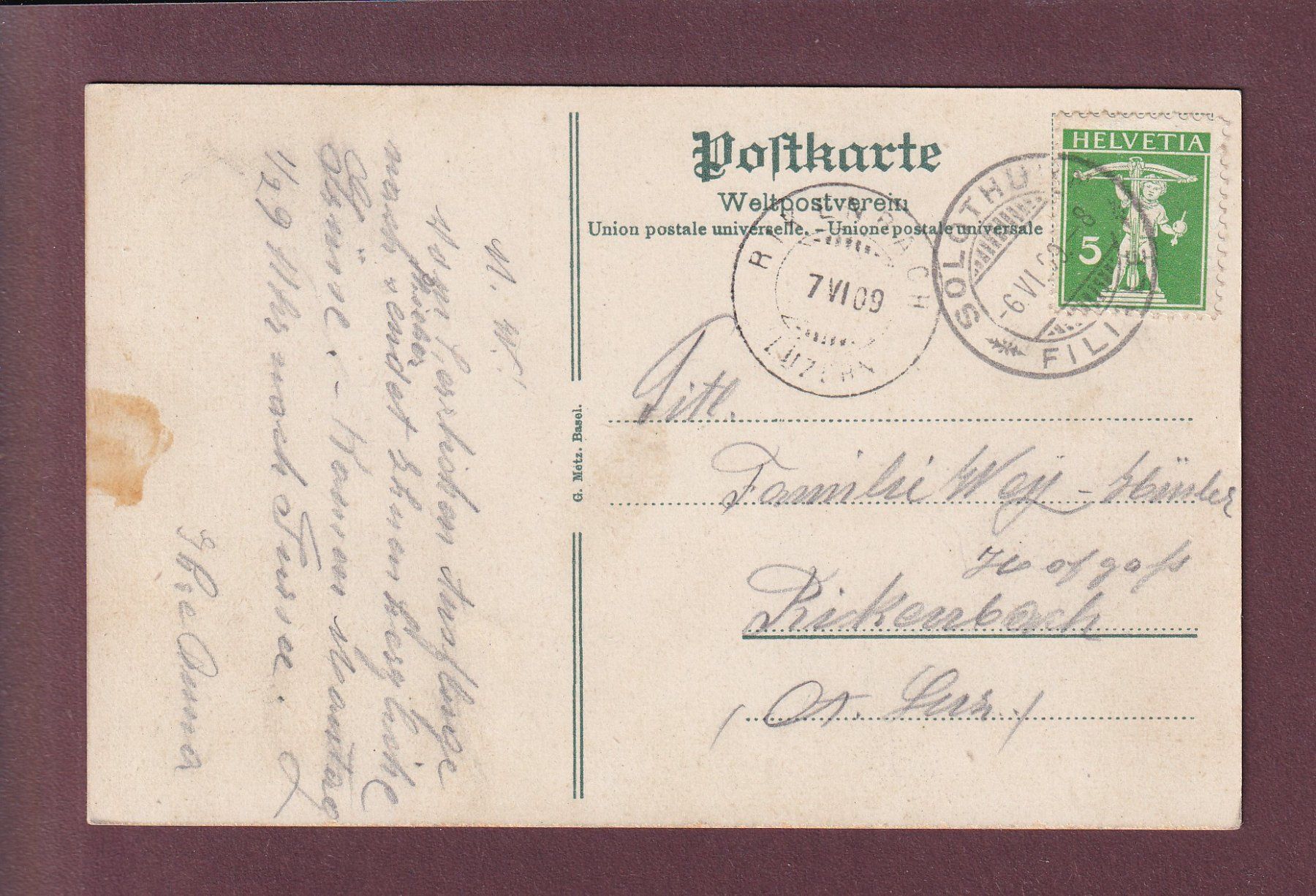 Cartoline postali: SOLOTHURN - Einsiedelei St. Verena - 1909 – Usato da Pully venduto da nicecards 1