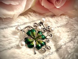 Vintage Kleeblatt Brosche mit Perlen Silber 925 Sterling