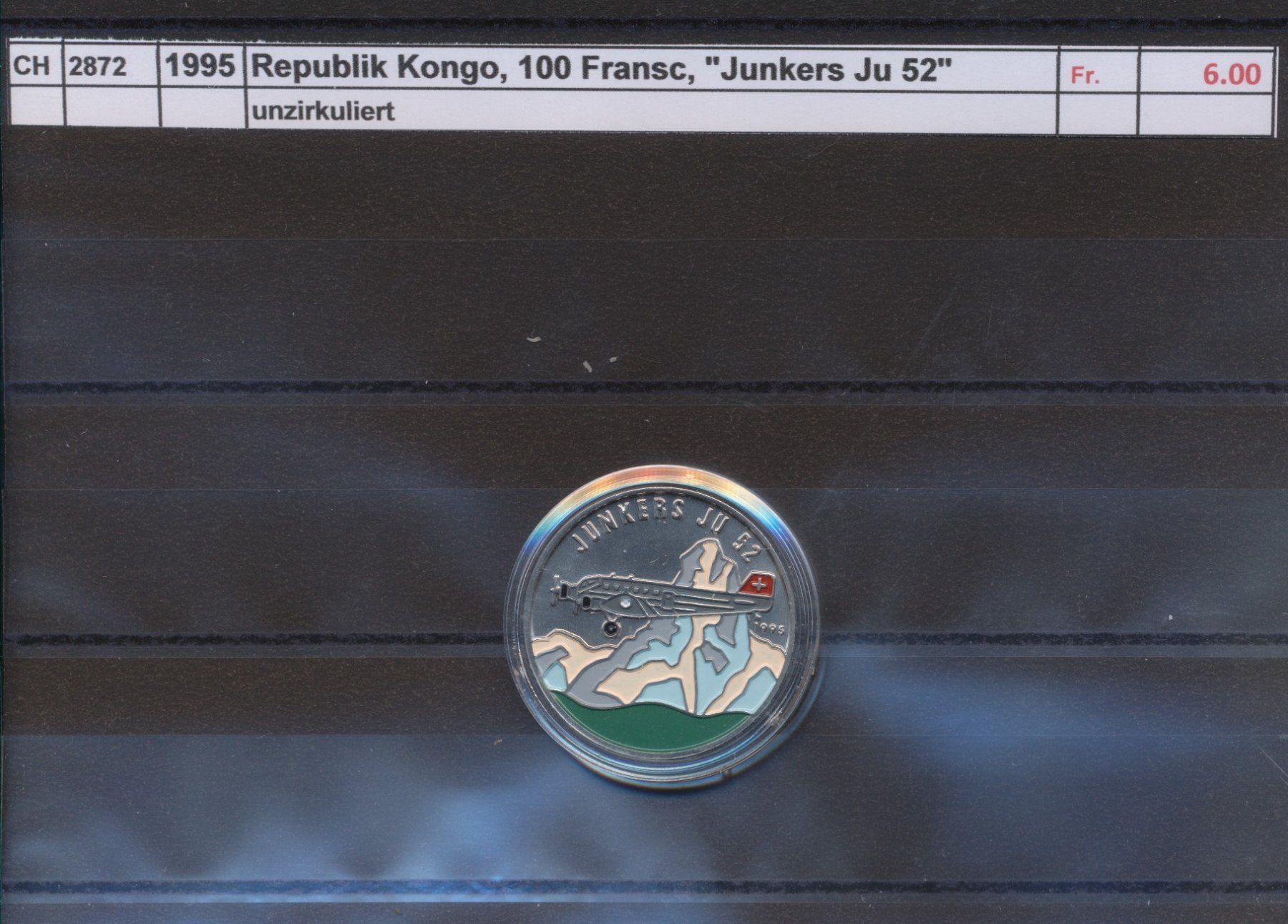Tutti le monete: 1995 Republik Kongo, 100 Franc, "Junkers Ju 52" – Nuovo (secondo la descrizione) da Winterthur venduto da Zupogeru