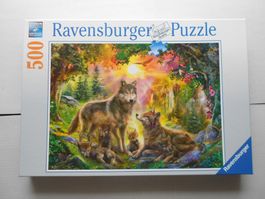 Puzzle 500 Teile - Wolfsfamilie im Sonnenschein